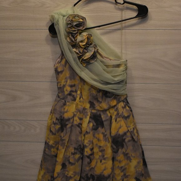 Unique One Shoulder Floral Dress - Yellow and Mint Green - Picture 2 of 6
